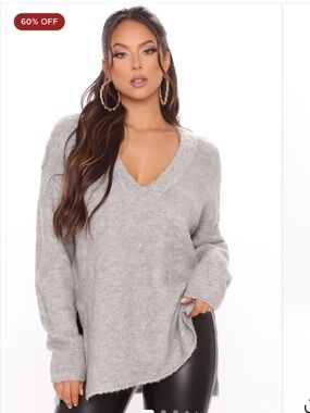 Heather Grey V-Neck Oversized Women's Sweater